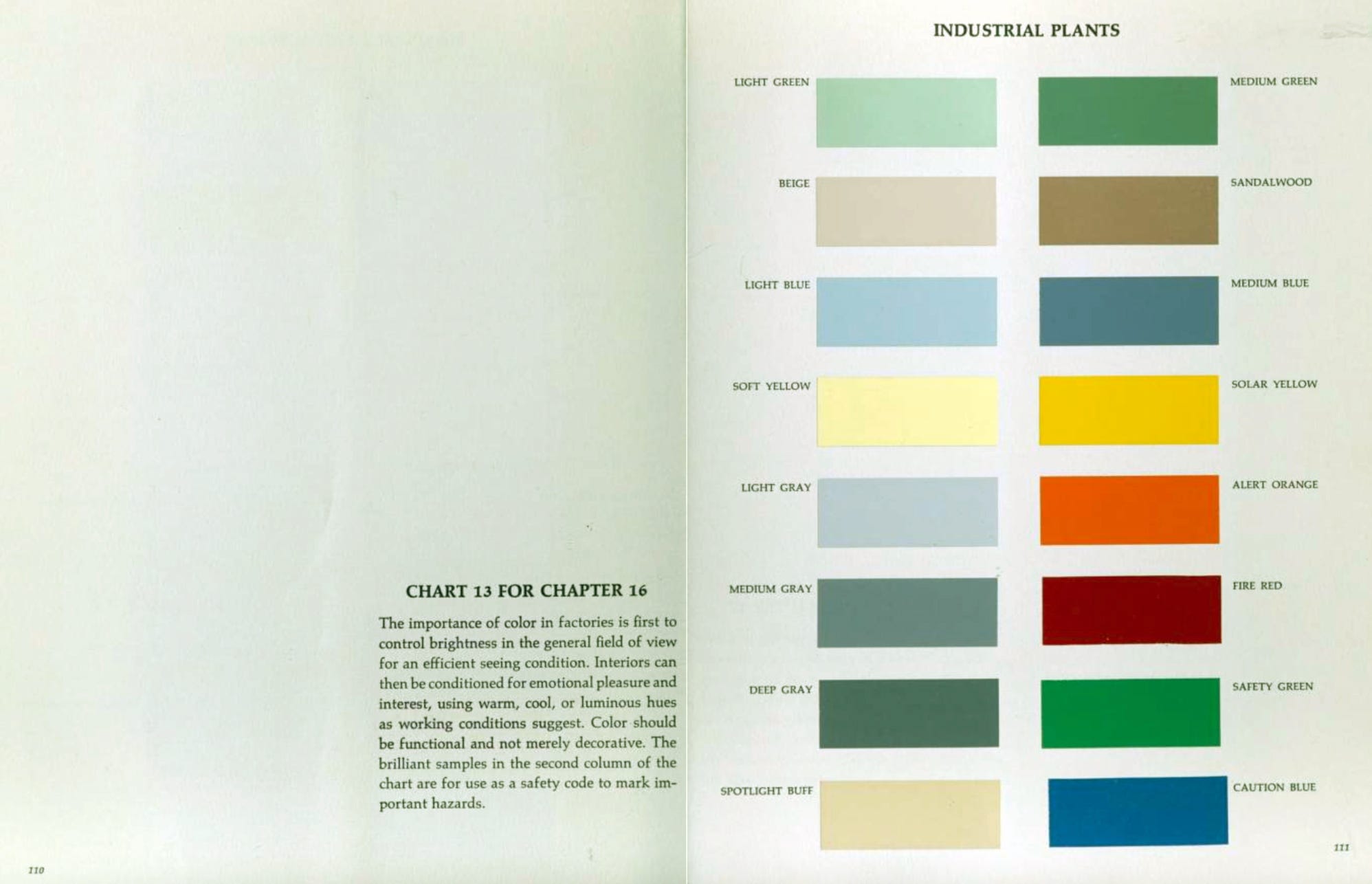 Pages 110 and 111 of Color for Interiors, showing color chips of various colors and their names (but not their recommended usage)
